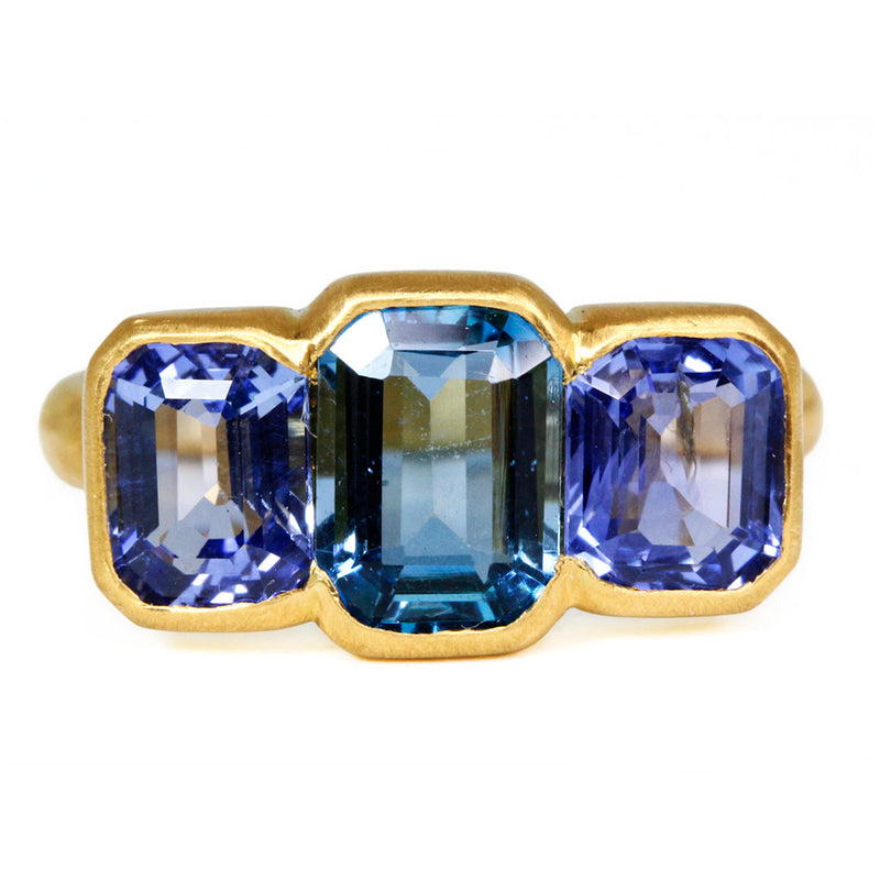 Princess Trio Aquamarine and Sapphire Ring